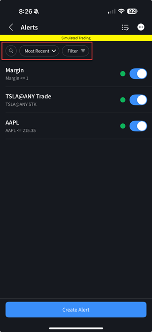 The alert filter menu on the iPhone. 